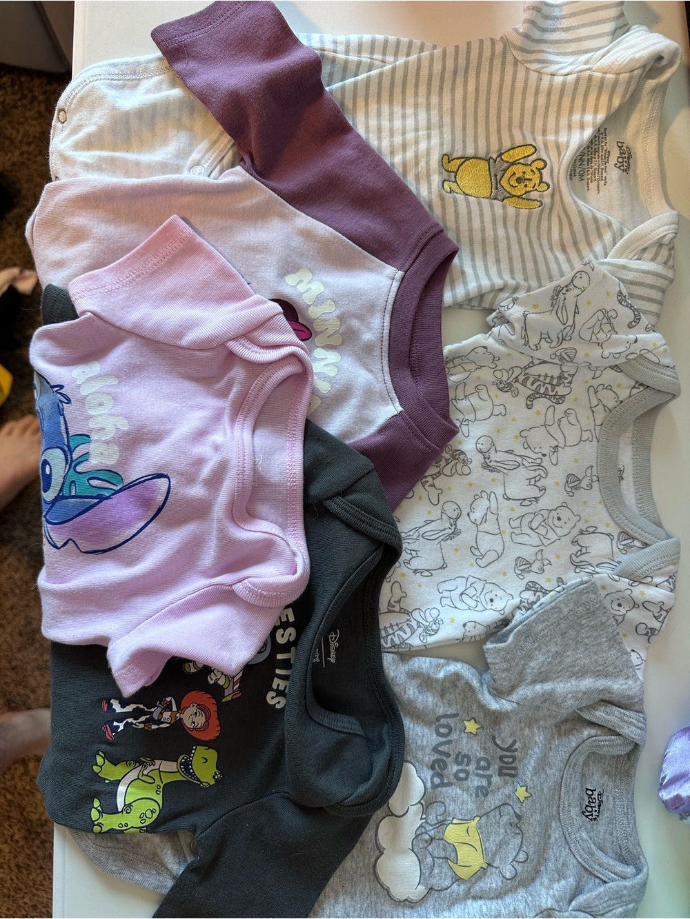 Disney Baby Girls Multicolor One-Piece Bodysuit Lot - Pink, Purple, Gray, White